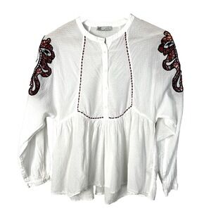 Zara‎ Embroidered Sleeve Peasant Top Womens XS White Boho Beach Coastal Indie